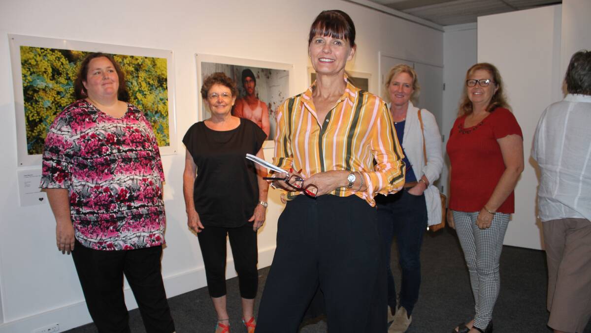 Sarah Spence, Andrea Warren, Joy Smiles, Di Tarrant with National Gallery program producer Adriane Boag inside Bega's regional gallery on Tuesday. Picture: Alasdair McDonald