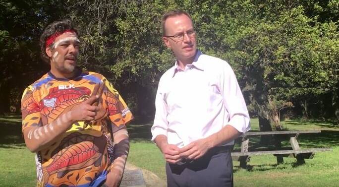 PUT TO PARLIAMENT: Bermagui's Rodney Kelly meets with NSW MP David Shoebridge recently at Botany Bay's Kurnell headland, the location where Captain Cook landed in April 1770, confronting Mr Kelly's descendant Cooman. Picture: Youtube