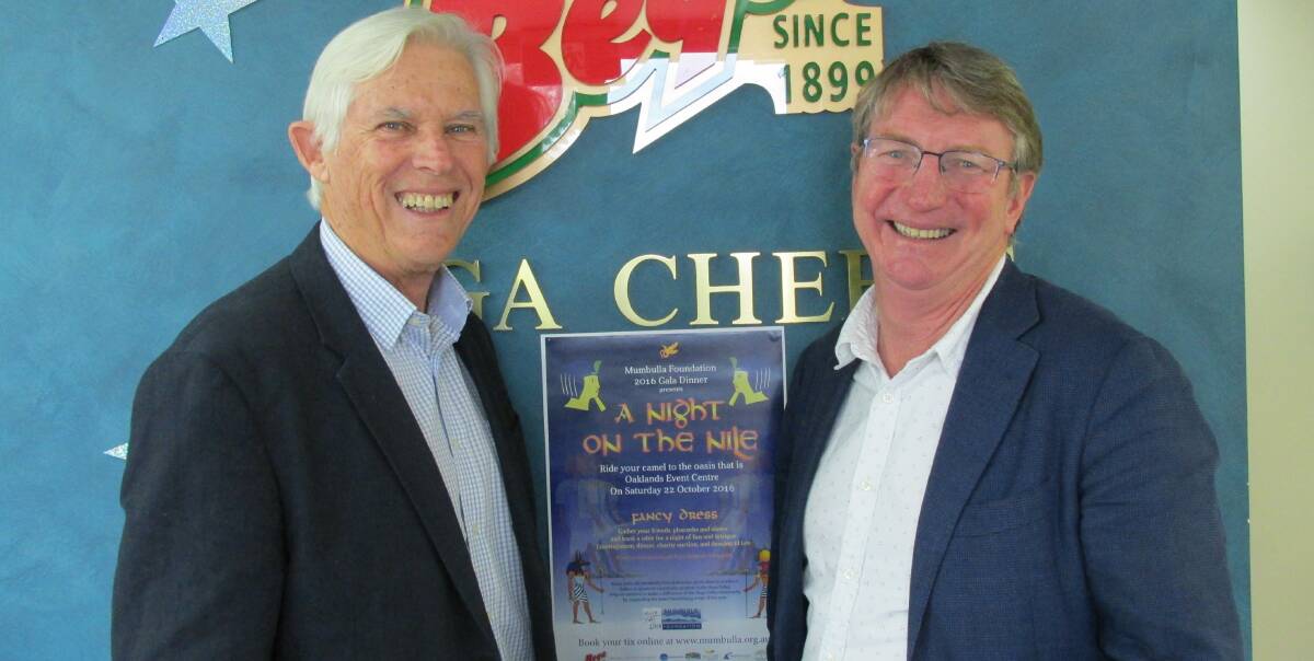 NIGHT ON THE NILE: Chairman of Mumbulla Foundation, Gary Potts and Bega Cheese executive chairman  Barry Irvin joined forces on Tuesday ahead of the Mumbulla Foundation’s annual Gala Dinner. Picture: Supplied