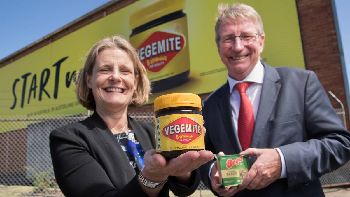 Amanda Banfield vice-president of Mondelez Aust/NZ and Bega Cheese Executive Chairman Barry Irvin. Picture: Simon Schluter, The Age 