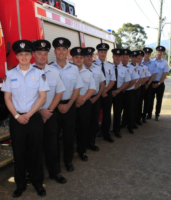 100 YEARS STRONG: Bega Fire Station's Fire and Rescue NSW team at Wednesday's ceremony also attended by Acting Deputy Commissioner Mark Whybro. Picture: Fire and Rescue NSW