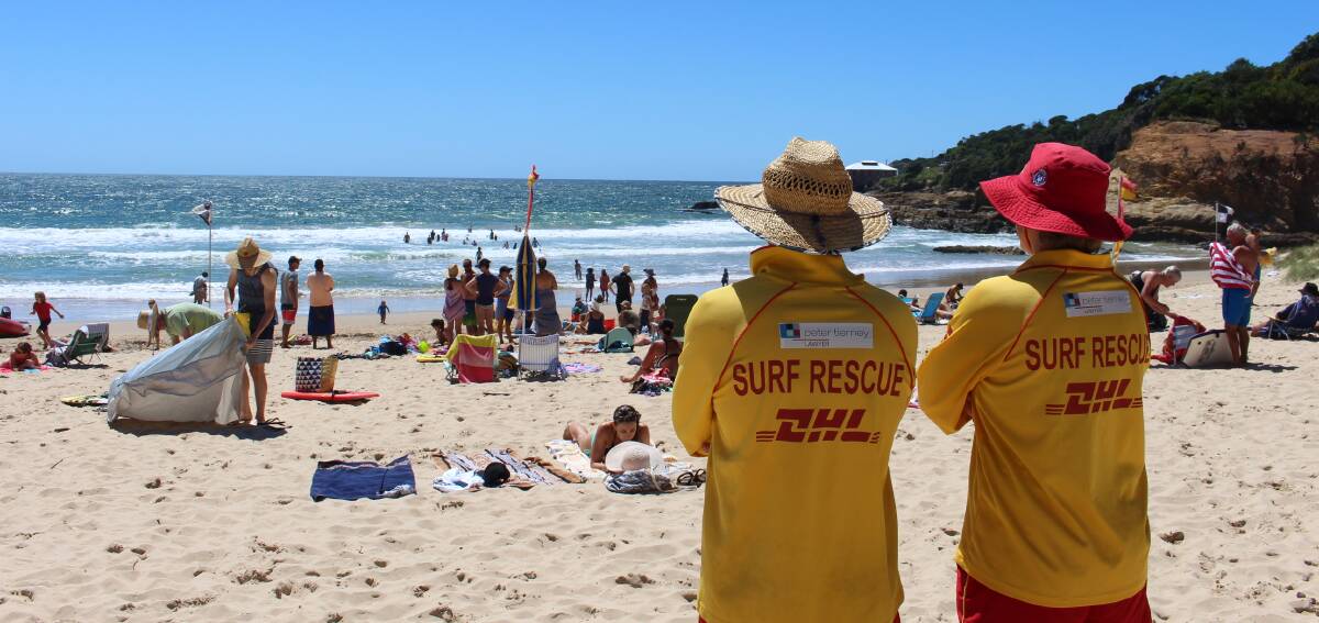 SAFETY FIRST: Weekend Tathra Surf Life Saving Club volunteers patrol Tathra Beach on Saturday. The volunteers will patrol the beach each weekend until Easter.