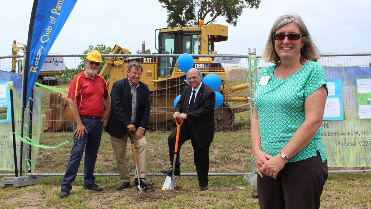 UNDERWAY: Community Carers Accommodation South East president Lynne Koerbin with Bendigo Bank representative Colin Dunn, Bega Cheese's Max Roberts and Liberal Party Senator Arthur Sinodinos at the South East Regional Hospital site on Thursday. Picture: Alasdair McDonald