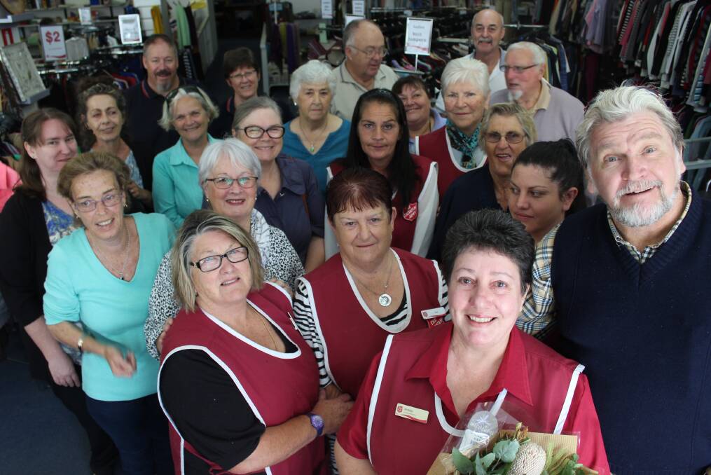 FINAL DAY: Bega's Salvation Army store supervisor Andree Jessop (front) with her husband Ian (front right) and store volunteers on her final day as supervisor of the store on Friday, April 29. Picture: Alasdair McDonald