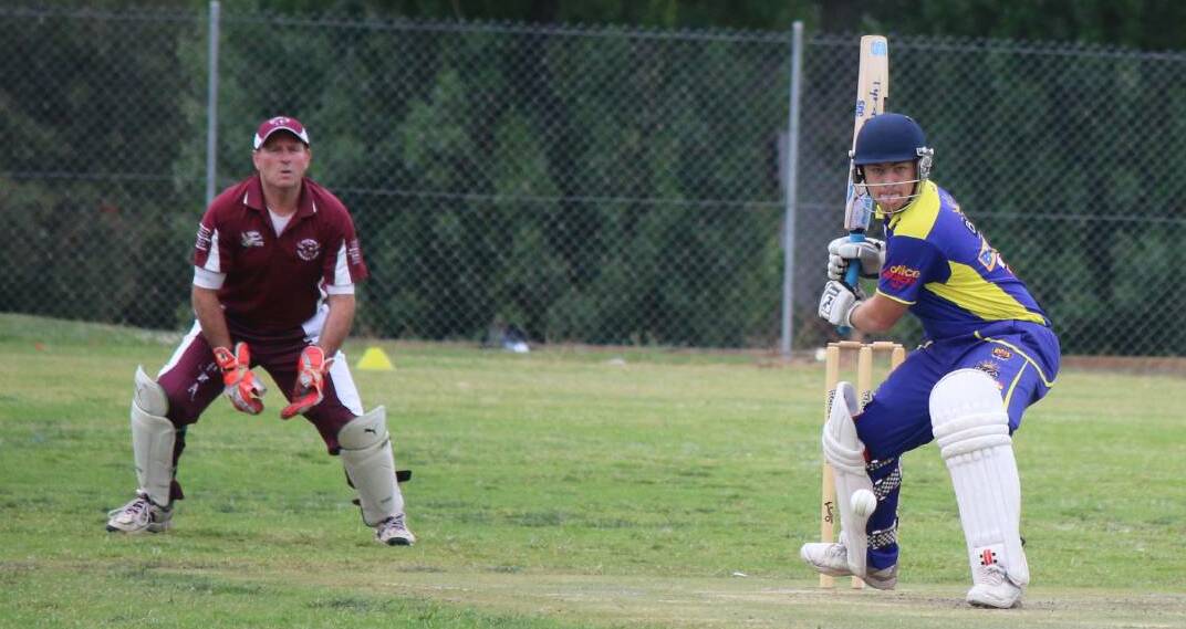 Pressure game: Bega/Angledale captain Robbie Ringland looks to play off the backfoot against Tathra earlier in the season as wicketkeeper Rob Stevenson looks on.