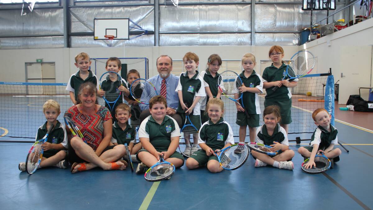 NEW BEGINNINGS: New Sapphire Coast Anglican College principal Colin May with the school's new kindergarten pupils. Picture: Alasdair McDonald