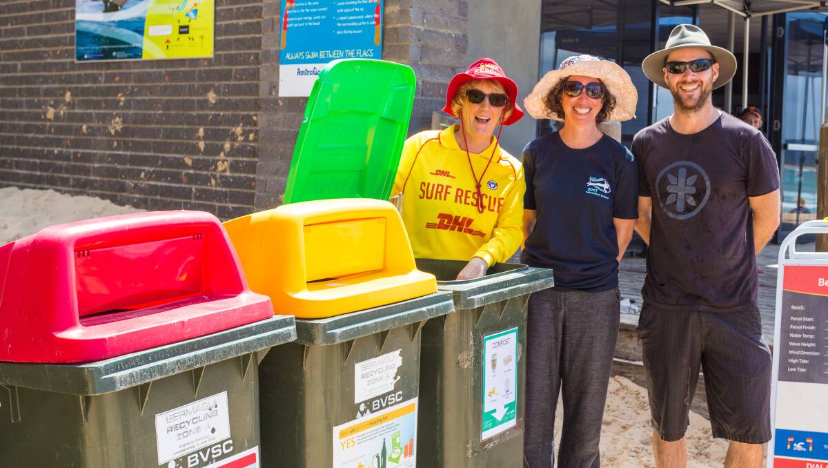 ZERO-WASTE: Tathra Surf Life Saving Club's Paula Park with Wharf to Waves sustainability officer Cathleen O'Halloran and compost enthusiast Luke Hamilton. Picture: Supplied