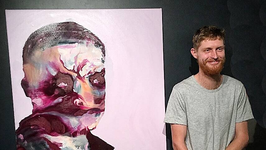 2015 Shirl National Youth Portrait Prize winner Liam Ambrose with his winning portrait of Alan Jones. Picture: BVRG