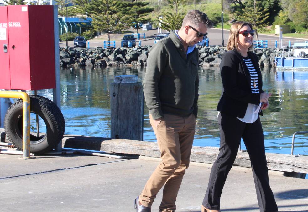 Transport and Infrastructure Minister Andrew Constance and Bega Valley Shire Council mayor Kristy McBain at Eden Wharf.