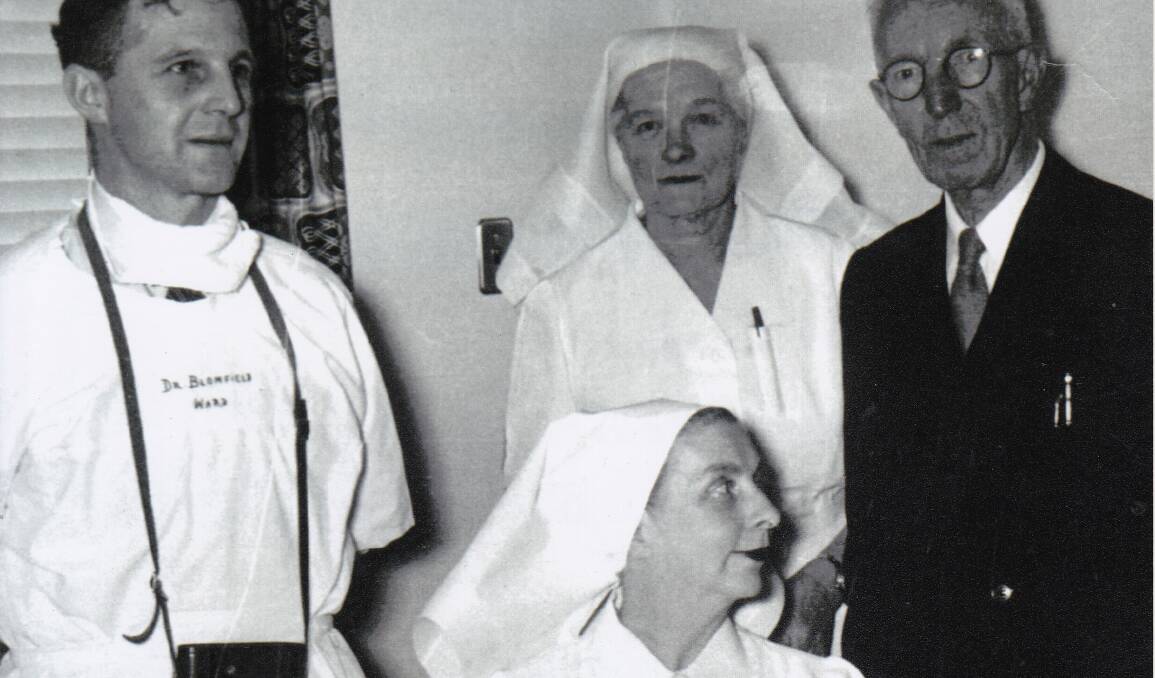 War heroine: At the Bega Hospital, from left: Dr Ted Blomfield, Matron Thelma Caterson, Sister Pearl Corkhill and Dr John McKee Snr.