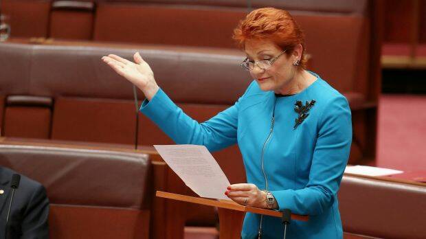 Senator Hanson giving her first speech in Parliament since being elected for a second time. Photo: Alex Ellinghausen
