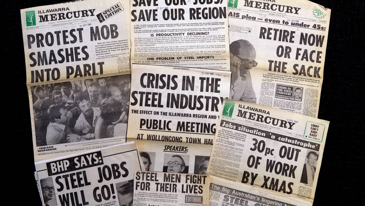 The more things change ... front pages from the Illawarra Mercury during the 1982 steel crisis, when Wayne Phillips was one of thousands retrenched.