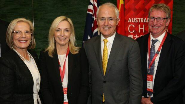 Prime Minister Malcolm Turnbull and Lucy Turnbull with Christine Holgate from Blackmores and Barry Irvin from Bega cheese before the Australia week in China gala lunch in Shanghai China in April. Photo: Andrew Meares
