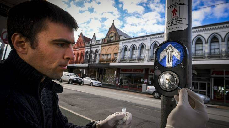 Monash University science undergraduate student Andrew Gray collects samples of bacteria in Brunswick.  Photo: Eddie Jim