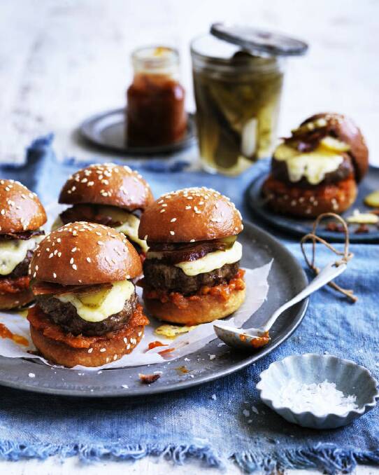 Neil Perry's beef sliders <a href="http://www.goodfood.com.au/good-food/cook/recipe/beef-sliders-with-bacon-gruyere-and-pickles-with-tomato-jam-20141103-3jg3e.html"><b>(RECIPE HERE).</b></a> Photo: William Meppem