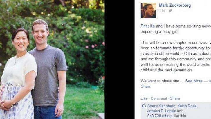 Mark Zuckerberg and Priscilla Chan announced the pregnancy on Facebook. Photo: Facebook
