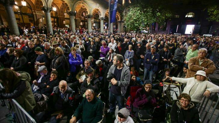 Crowds gathered at the Anzac Day dawn service in Sydney's Martin Place.  Photo: Dallas Kilponen