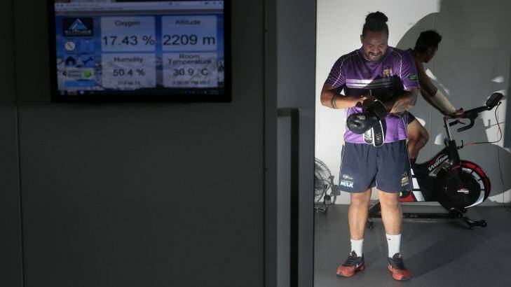   Fotu Auelea gets ready to train at the University of Canberra's high-tech facility. Photo: Jeffrey Chan