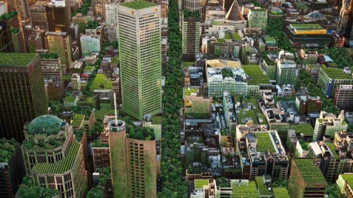 An artist's impression of Melbourne covered in rooftop gardens and roadway parks. Photo: Supplied.