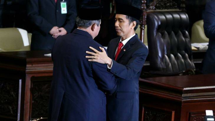 Outgoing president Susilo Bambang Yudhoyono and President Joko Widodo during the inauguration ceremony. Photo: Alex Ellinghausen