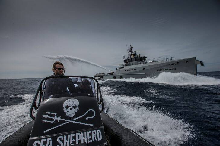 Sea Shepard 2016 Antarctica Campaign. Antoine Amory, Bosun, runs launching drills as the on the Ocean  Warrior tests its water canon as it heads to Antarctica to try and disrupt the Japanese whaling campaign. 1st December 2016. Photo by Jason South