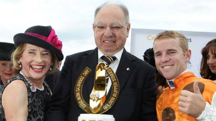 Success: Gai Waterhouse, George Altomonte and jockey Tommy Berry celebrate after winning the 2013 Golden Slipper with Overreach. Photo: Dallas Kilponen