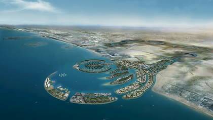 Dubai's waterfront and man-made islands in the United Arab Emirates.