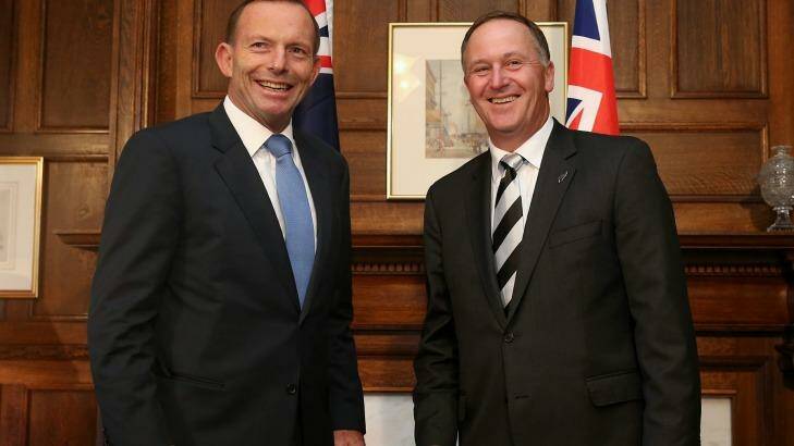Tony Abbott poses with New Zealand counterpart John Key. Photo: Alex Ellinghausen