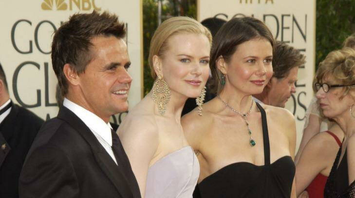 Angus Hawley at the Golden Globes in 2003 on the arm of his ex-wife Antonia and his sister-in-law, Nicole Kidman. Photo: KMazur