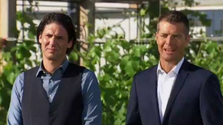 'The faster you harvest, the more time you'll have to cook' ... MKR judges Colin Fassnige, left, and Pete Evans announce that 100 community gardeners will be arriving to eat canapes in three hours. Photo: Network Seven