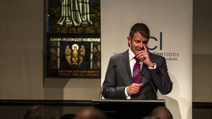 Premier Mike Baird gets emotional during a speech at a pre-election "Make it Count" event at the Village Church in Annandale. Photo: Sahlan Hayes