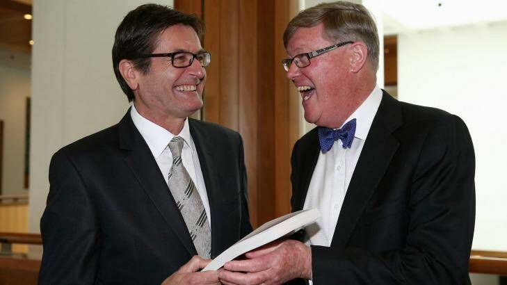 Former Labor minister Greg Combet with Allan Behm at the former staffer's book launch at Parliament House on Thursday. Photo: Alex Ellinghausen