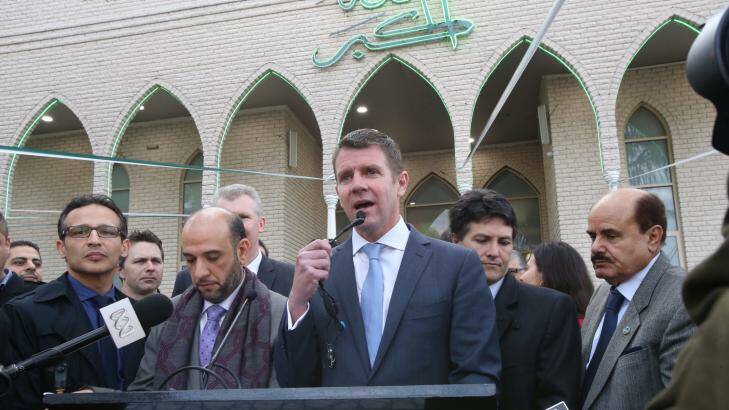 NSW Premier Mike Baird speaks outside Lakemba mosque during Eid, the end of Ramadan. Photo: Nick Moir