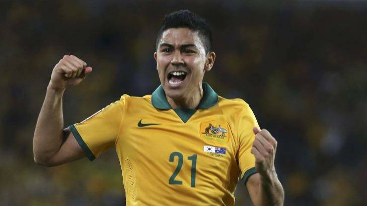 Australia's Massimo Luongo celebrates after scoring a goal during January's Asian Cup final. Photo: Steve Christo