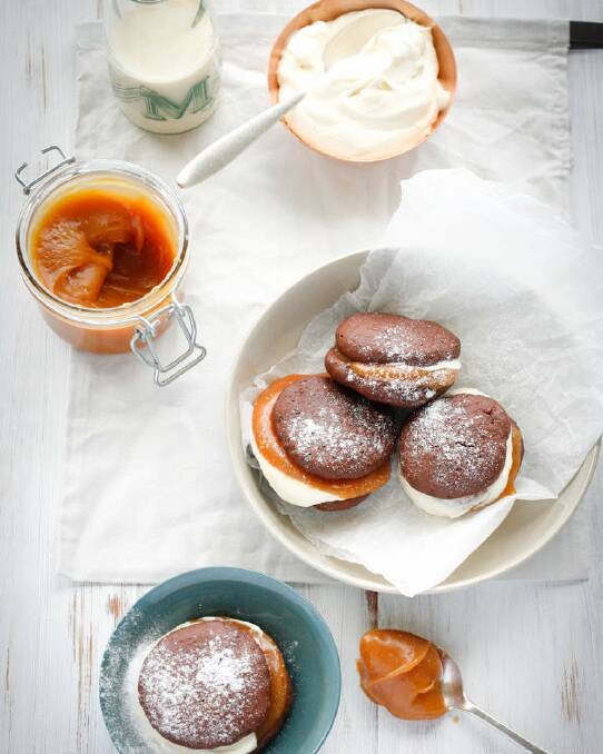 Chocolate whoopie pies <a href="http://www.goodfood.com.au/good-food/cook/recipe/chocolate-whoopie-pies-with-salted-caramel-and-cream-20140428-37d07.html"><b>(RECIPE HERE).</b></a> Photo: Kate Gibbs