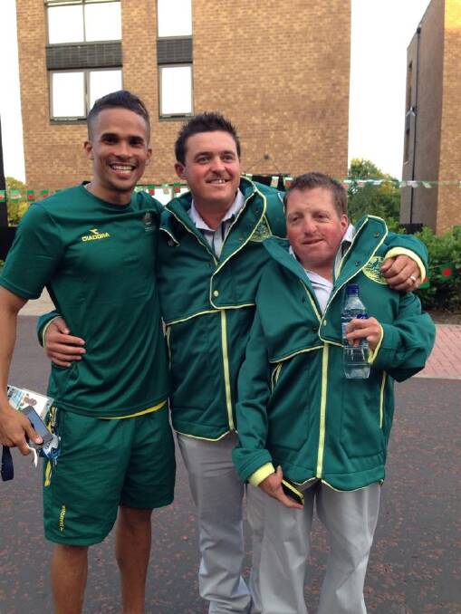 Tathra lawn bowler James Reynolds in Glasgow with Australian runner John Steffensen and fellow bowler Aron Sherriff.
