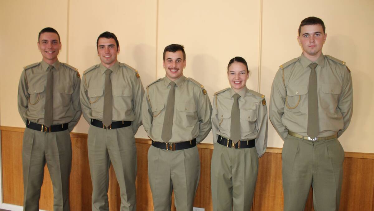 Officer cadets from the Australian Defence Force Academy formed the Catafalque Party at the at the Bemboka Anzac Day commemorative service (from left) AJ Whitehead, BM Langham, D Pedisic, CV Lyttle and J Lowe.
