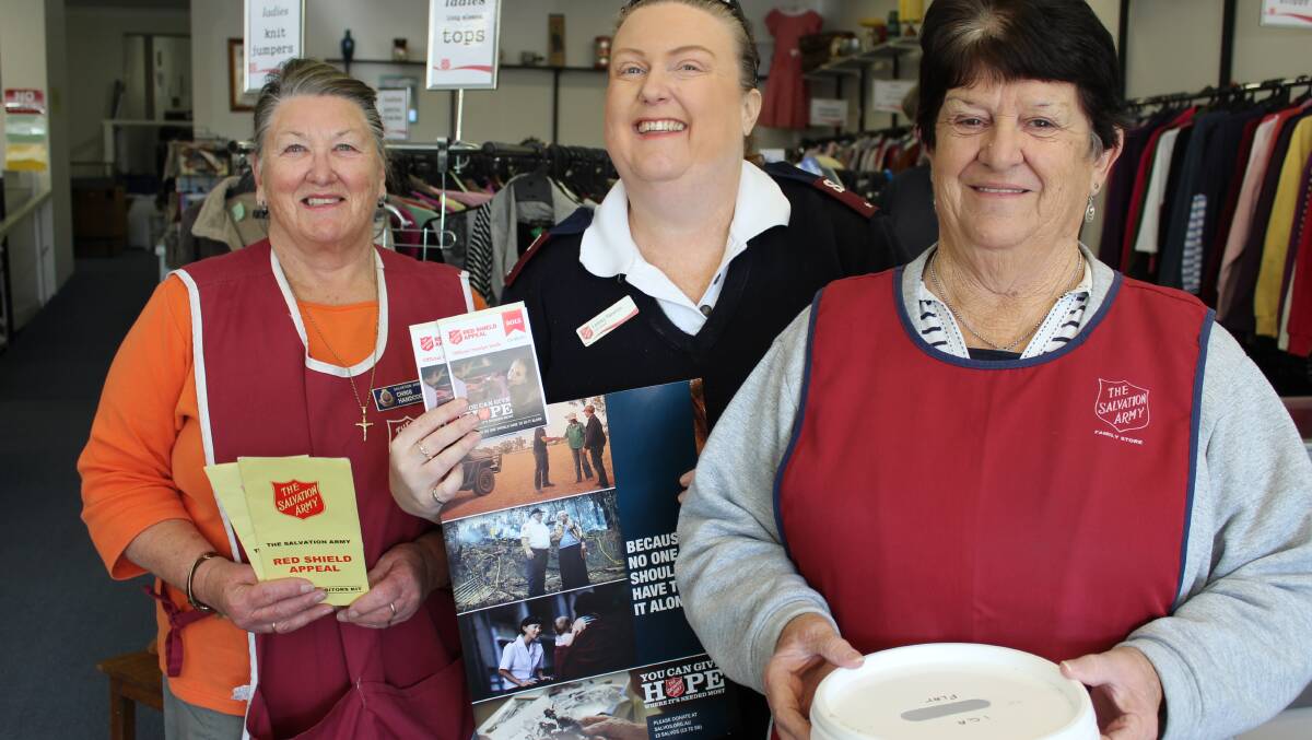 Making the call for volunteers and donations for the Salvation Army Red Shield Appeal are Bega Lieutenant Lesley Newton and Salvos store workers Chris Handcock and Dot Chapman.