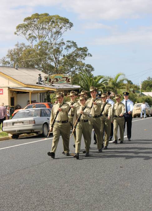 Officer cadets from the Australian Defence Force Academy march in the Bemboka Anzac Day parade.
