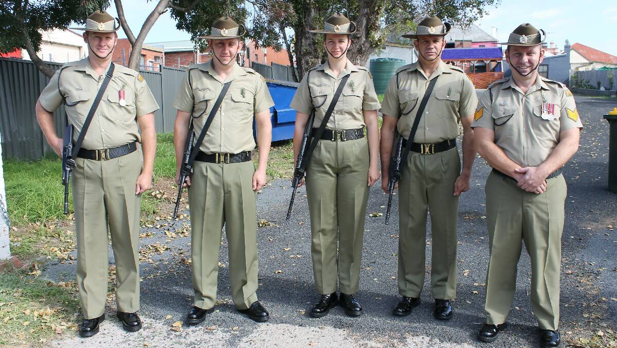 Members of the 5th Engineers Regiment Cataflaque Party from left are Spr John Maher, Spr Joel McFarlane-Roberts, Spr Kimberly Lippmeier, Spr David Mayo, and Sgt Brett Beatty. 
