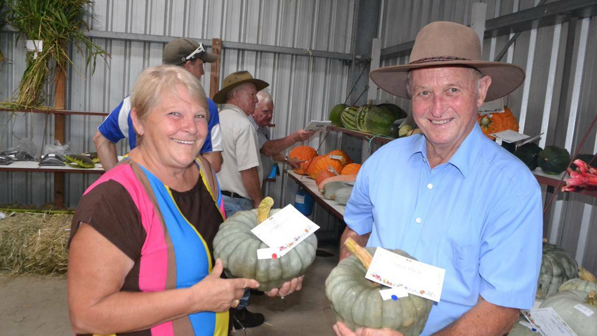 Pam and Ray Sawtell show off their award-winning pumpkins at the weekend’s Cobargo Show.
