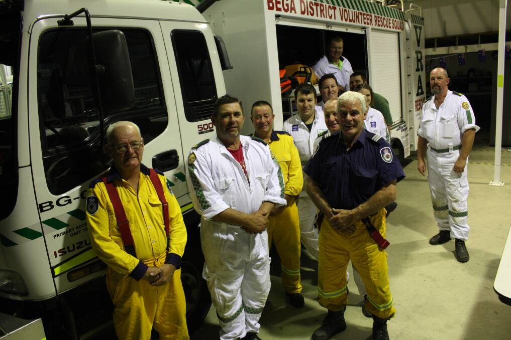 At the Bega Volunteer Rescue Assocation shed on Thursday night are VRA and Jellat Rural Fire Service volunteers Peter Willis, Steve Banner, Peter Law, Clem Barnden, Kevin Young, Jason Taylor, Matt Taylor, Sam Wilton, Bonnie Hayes, Peter Johnstone and Bowen Finnerty.