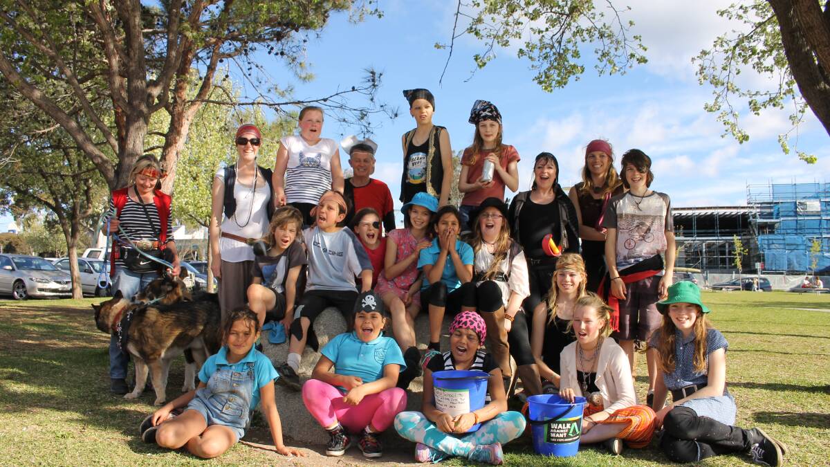 Tanja Public School pupils with school staff and parents after they completed a 23km walk from Tanja to Bega for Oxfam on International Talk Like a Pirate Day.