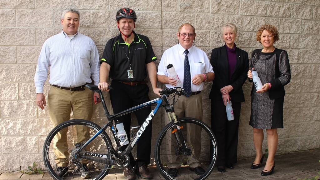 Launching the council’s “It’s a two-way street” safety program are (from left) cyclist Tim Weber and councillors Keith Hughes, Michael Britten, Ann Mawhinney and Sharon Tapscott.