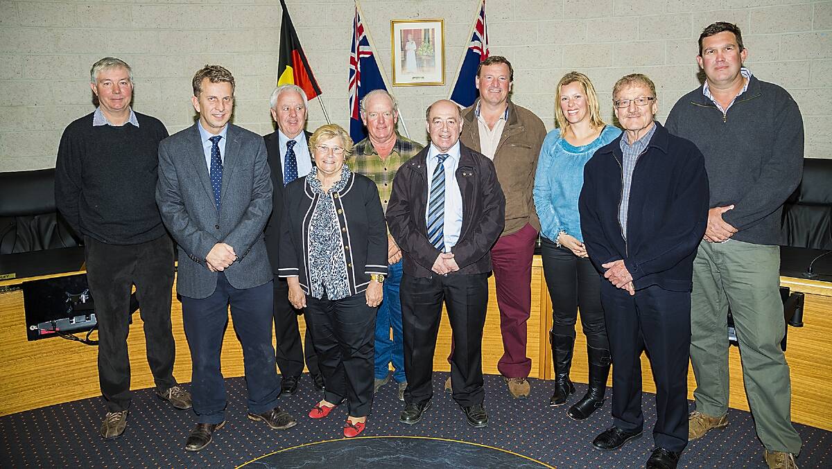 Member for Bega and NSW Treasurer Andrew Constance (second from left) is welcomed by Mayor Bill Taylor and Bega Valley Business Forum members (from left) Rob White, Janette Neilson, Andrew Hayden, Robert Hayson, Mal Barnes, Natalie Godward, Peter Barder and Scott Bradley.