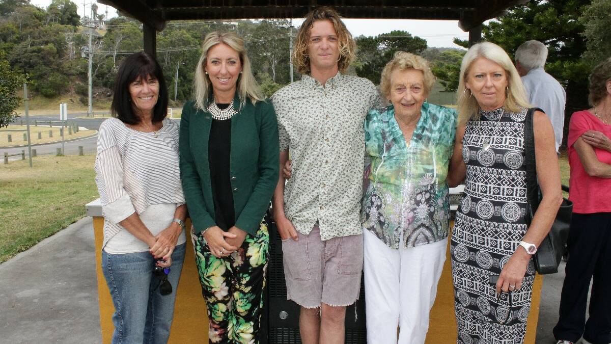 Betty Koellner (second from right) celebrates her Tathra volunteering recognition with (from left) her daughter-in-law Kaye Koellner, daughter Tanja Koellner, grandson Morgan Smith and daughter Susan Koellner.