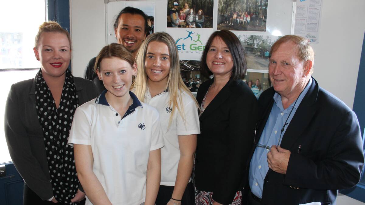 At Tuesday’s launch of the Net Gen youth project are (from left) Bega Valley Shire Council youth engagement officer Emma Stewart, Amber Callaghan, Leigh Louey-Gung, Ellie Murdoch, Leanne Atkinson from Community Training Partnership and Mayor Michael Britten.