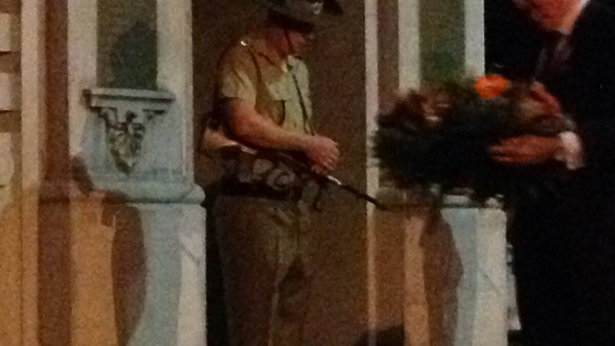 Sapper McFarlane-Roberts from 5 Engineers Regiment stands guard at the Bega Anzac Day dawn service.