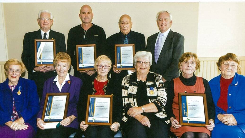 2013 Bega Valley Shire Medallion recipients and committee members (back, from left) John Aveyard, Tony Rettke, Bernard Camilleri, Mayor Bill Taylor, (front) Mary Cocks (committee), Betty Lovelock, Margaret Johnson, Edna Duncanson (committee chairwoman), Sandra Bray and Norma Allen (committee).