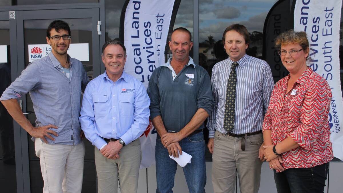 Outside the Local Land Services South East (LLS) Bega office are (from left) Dan Bakker, LLS South East general manager Gavin Whiteley, Neil Waterson, LLS South East chairman David Mitchell and Debbie Platts.